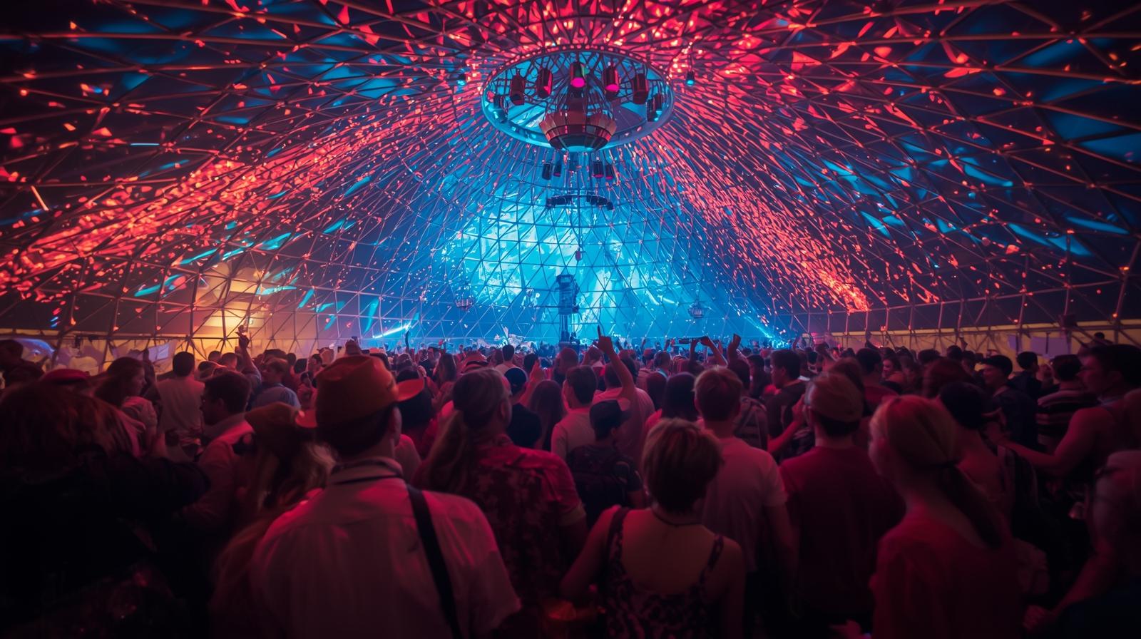 Ambiente de festa sob o futuro DOMO Geodésico na Parque Paulínia cupana, durante a Exapicor de Resende. Pessoas de todas as idades se divertem debaixo a da abóbada do domo, que contem painéis que geram imagens