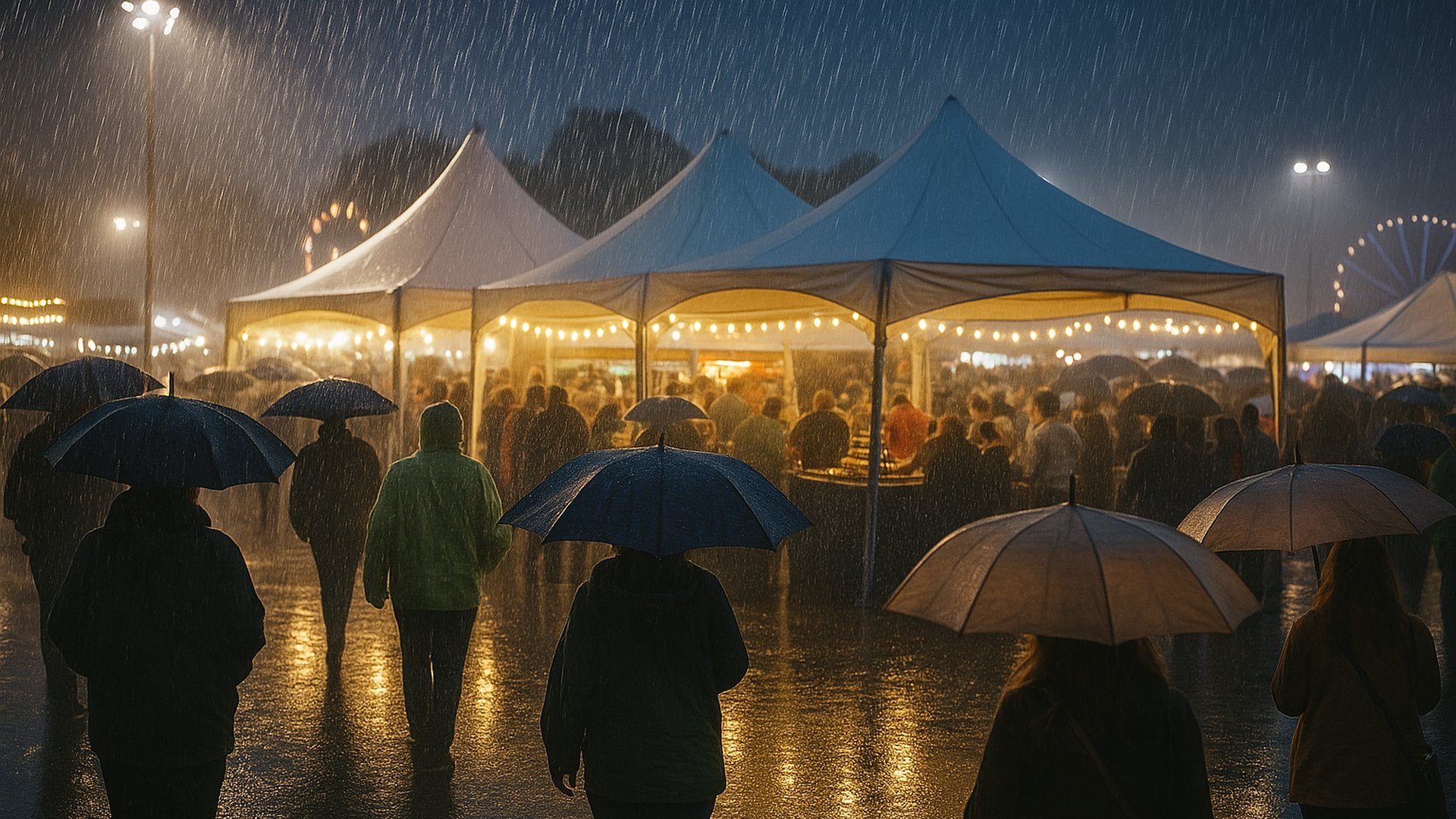 A imagem fictícia Gerada Pela IA ChatGPT Plus, representa um grupo de pessoas entre Barracas de uma Festa a noite, sob chuva, aa maioria das pessoas estão de Guarda-Chuva. Alguns sonhadores estão sem guarda-chuva. Ao fundo se vê uma Roda Gigante.